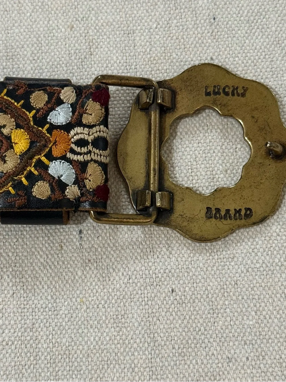 Lucky Brand Leather Belt L Embroidered Boho Western Floral Brass Buckle